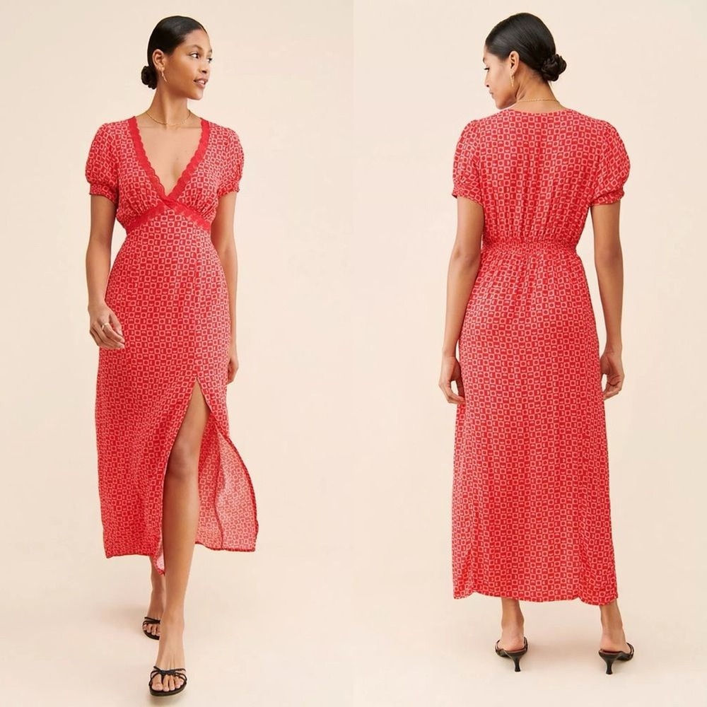 New Free People Womens Maxi Dress S‎ Red Printed Marley Cottage Feminine Slit
